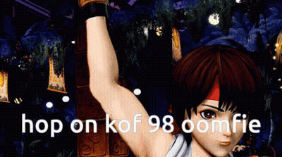 A Picture Of A Girl With The Words Hop On Kof 98 Oomfie On The Bottom GIF
