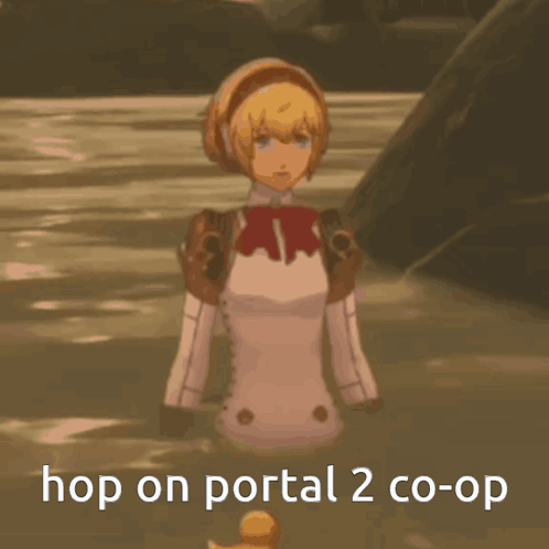 A Picture Of A Girl With The Words Hop On Portal 2 Co-Op GIF