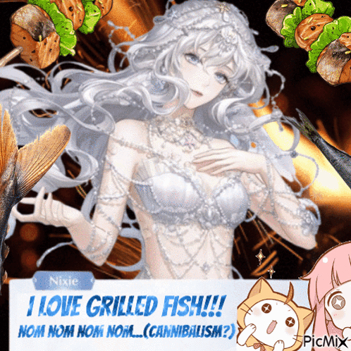 A Picture Of A Girl With The Words I Love Grilled Fish Below Her GIF