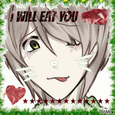 A Picture Of A Girl With The Words " I Will Eat You " On The Bottom GIF