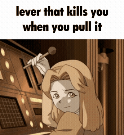 A Picture Of A Girl With The Words Lever That Kills You When You Pull It On It GIF