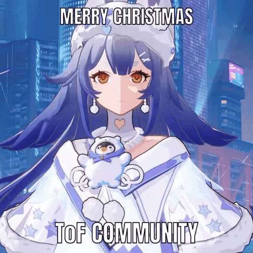 A Picture Of A Girl With The Words Merry Christmas Tof Community On The Bottom GIF