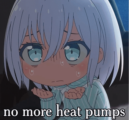 A Picture Of A Girl With The Words " No More Heat Pumps " Below Her GIF
