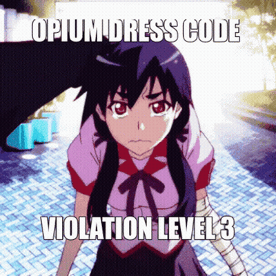 A Picture Of A Girl With The Words Opium Dress Code Violation Level 3 Below Her GIF