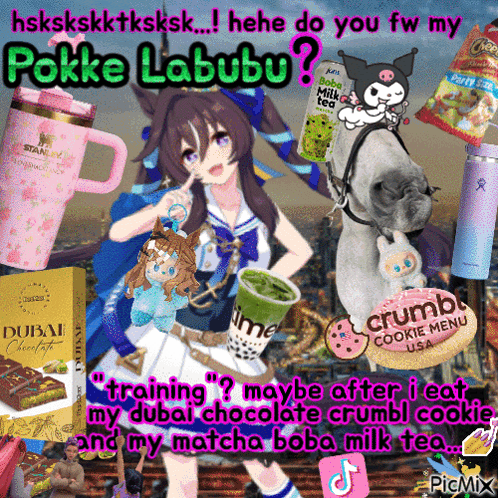 A Picture Of A Girl With The Words Pokke Labubu On It GIF