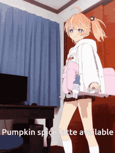 A Picture Of A Girl With The Words Pumpkin Spice Latte Available On The Bottom GIF