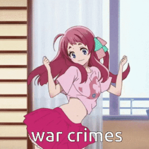 A Picture Of A Girl With The Words War Crimes Written On It GIF