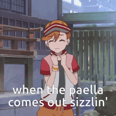 a picture of a girl with the words when the paella comes out sizzlin