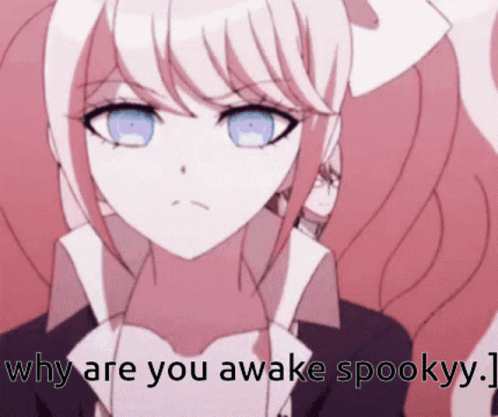 A Picture Of A Girl With The Words " Why Are You Awake Spookyy " On The Bottom GIF