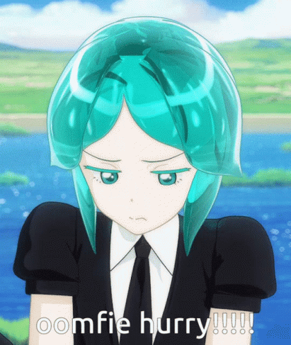 A Picture Of A Girl With Turquoise Hair And The Words Oomfie Hurry On The Bottom GIF