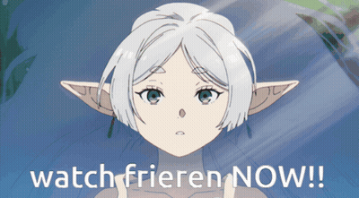 A Picture Of A Girl With White Hair And The Words Watch Frieren Now On The Bottom GIF