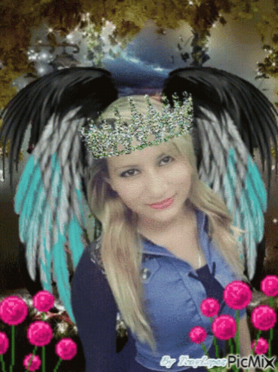 A Picture Of A Girl With Wings And A Crown On Her Head GIF