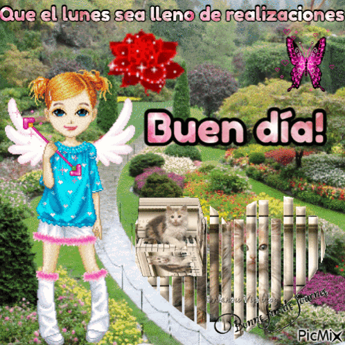 A Picture Of A Girl With Wings And The Words Buen Dia On The Top GIF