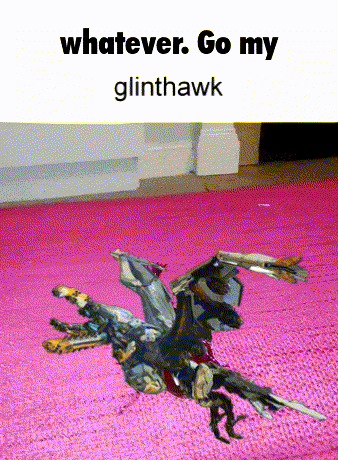 A Picture Of A Glinthawk Toy On A Pink Rug GIF