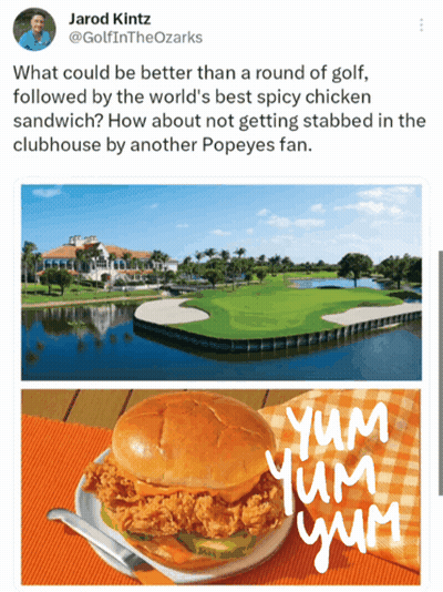 A Picture Of A Golf Course And A Chicken Sandwich GIF
