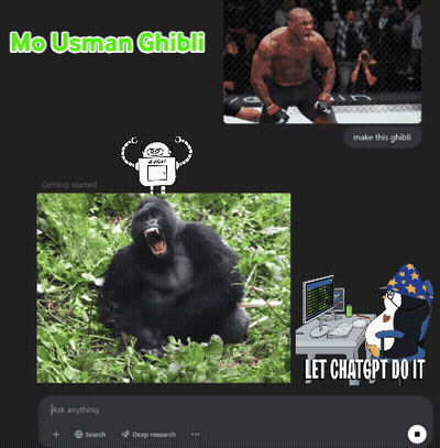 A Picture Of A Gorilla And A Picture Of A Man With The Words Mo Usman Ghibli GIF