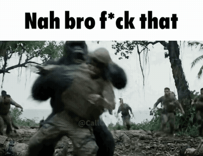 A Picture Of A Gorilla Fighting A Man With The Caption " Nah Bro F*ck That " GIF