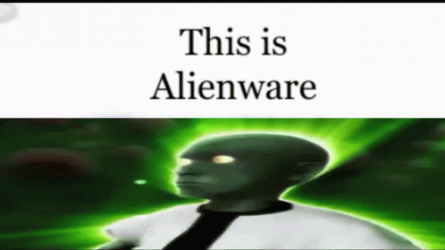 A Picture Of A Green Alien With The Words `` This Is Alienware '' Written On It . GIF