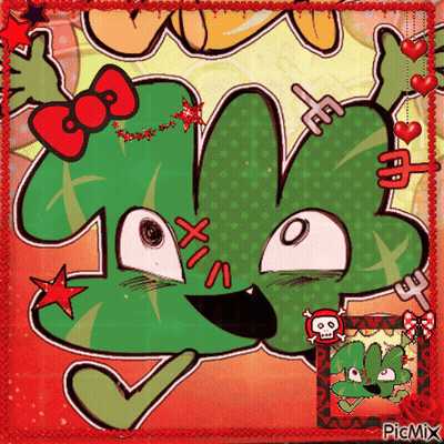 A Picture Of A Green Cartoon Character With A Red Bow And A Skull On It GIF