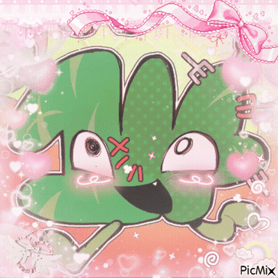 A Picture Of A Green Cartoon Character With Hearts And A Pink Bow Says Picmix On The Bottom GIF