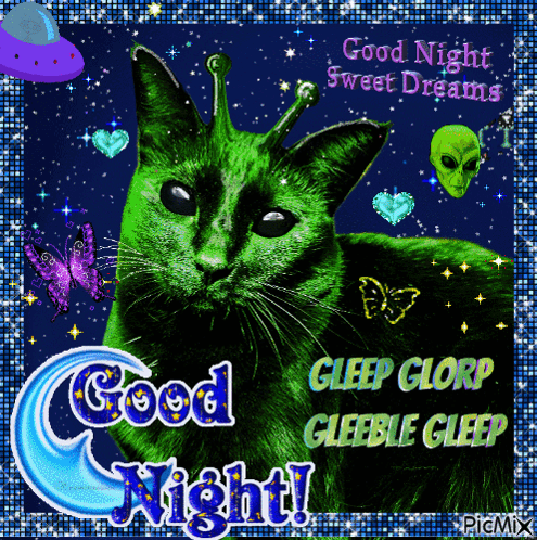 A Picture Of A Green Cat With The Words Good Night Sweet Dreams GIF