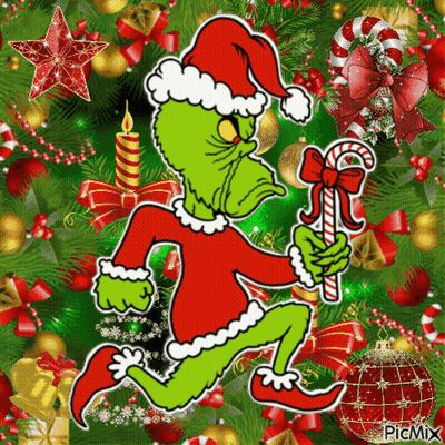 A Picture Of A Grinch Holding A Candy Cane In Front Of A Christmas Tree GIF