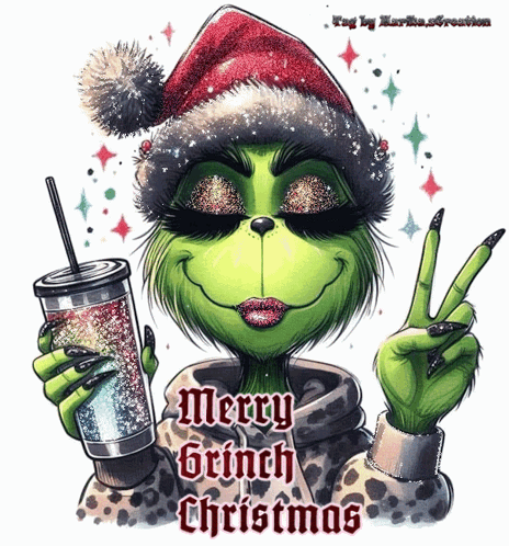 A Picture Of A Grinch Holding A Cup With The Words Merry Grinch Christmas On It GIF