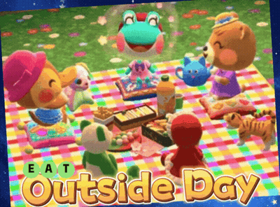 A Picture Of A Group Of Animals Having A Picnic With The Words Eat Outside Day Below Them GIF