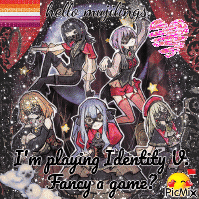 A Picture Of A Group Of Anime Girls With The Words " I 'M Playing Identity V Fancy A Game " GIF