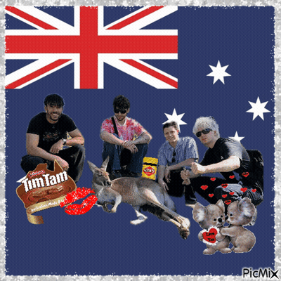 A Picture Of A Group Of People With A Kangaroo And A Sign That Says Tim Tam On It GIF