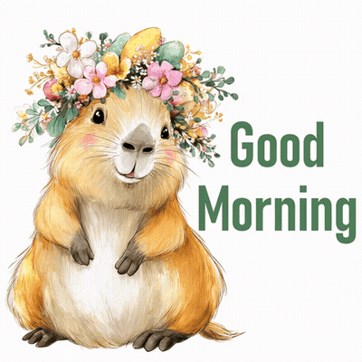 a picture of a guinea pig with flowers on its head and the words good morning