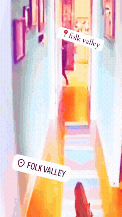 A Picture Of A Hallway With A Sticker That Says Folk Valley On It GIF