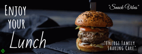 A Picture Of A Hamburger With The Words Enjoy Your Lunch Underneath It GIF