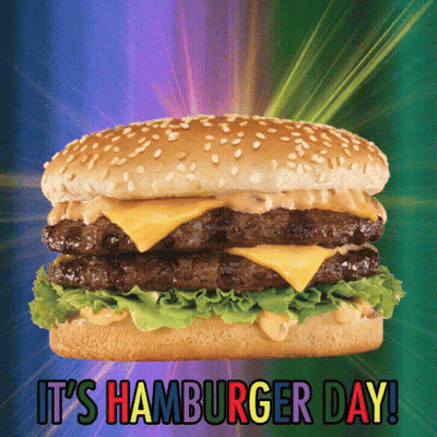 A Picture Of A Hamburger With The Words It 'S Hamburger Day GIF
