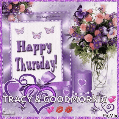 A Picture Of A Happy Thursday Greeting Card With Purple Flowers And Candles GIF