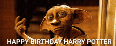 A Picture Of A Harry Potter Character With The Words `` Happy Birthday Harry Potter '' Written On It . GIF
