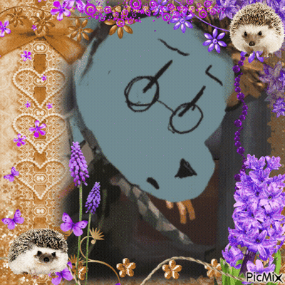 A Picture Of A Hedgehog Surrounded By Purple Flowers And A Picture Of A Blue Bear With Glasses GIF