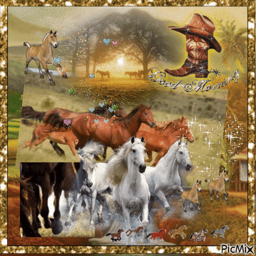A Picture Of A Herd Of Horses With The Words Good Morning GIF