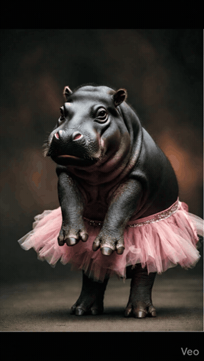A Picture Of A Hippo Wearing A Pink Tutu With Veo At The Bottom GIF