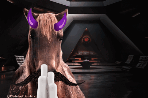 A Picture Of A Horse With Purple Horns And A Mustache Is On A Tumblr Page GIF