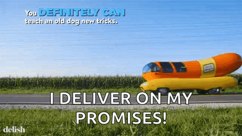 A Picture Of A Hot Dog Car With The Words I Deliver On My Promises GIF