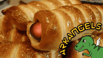 A Picture Of A Hot Dog In A Croissant With The Words " Arkangels " On It GIF