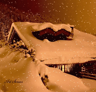 A Picture Of A House Covered In Snow With Art Senses Written On The Bottom GIF