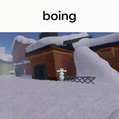 A Picture Of A House With Snow On The Roof And The Word Boing Below It GIF