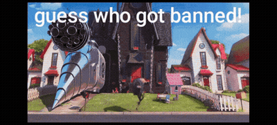 A Picture Of A House With The Words Guess Who Got Banned On The Bottom GIF