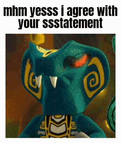 A Picture Of A Lego Ninjago Character That Says `` Mhm Yesss I Agree With Your Ssstatement '' GIF