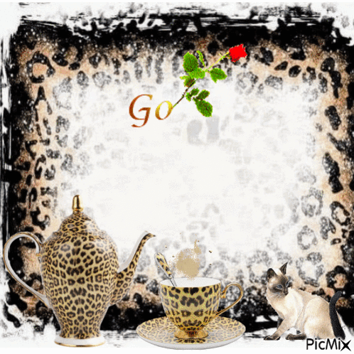 A Picture Of A Leopard Print Tea Set With The Word Go On The Bottom GIF
