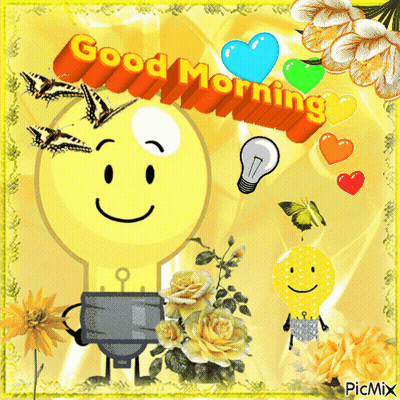 A Picture Of A Light Bulb With Flowers And Butterflies Says Good Morning GIF