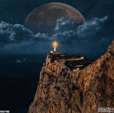 A Picture Of A Lighthouse On Top Of A Rocky Hill With A Full Moon Behind It GIF