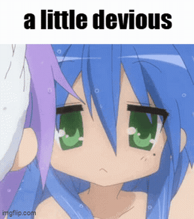 A Picture Of A Little Devious Anime Girl With Blue Hair And Green Eyes GIF